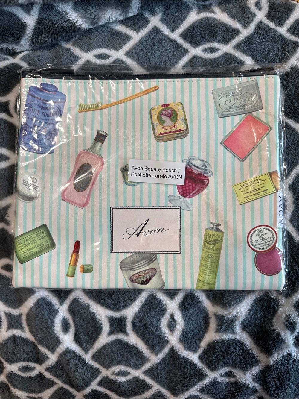 Avon Striped Cosmetic Pouch with Vintage Bath & Body Motifs - White & Mint